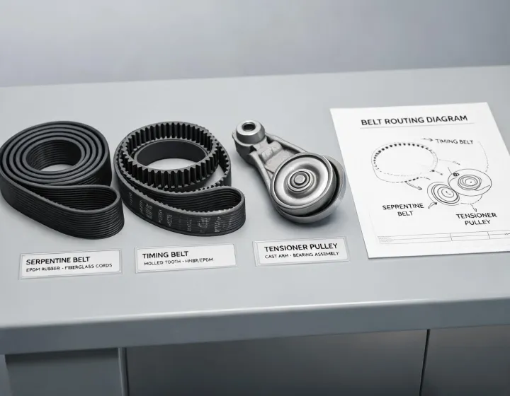 Dayco drive belt, timing belt, serpentine belt and tensioner pulley on a routing bench